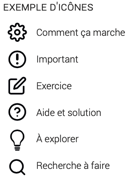 Série d'icônes représentant différentes fonctionnalités ou thématiques.